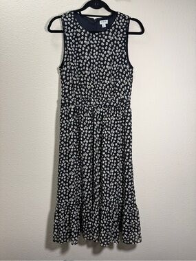 J.Crew Dress 4 M Midi Chiffon Floral Navy Blue Challis Ruffle Sleeveless Casual